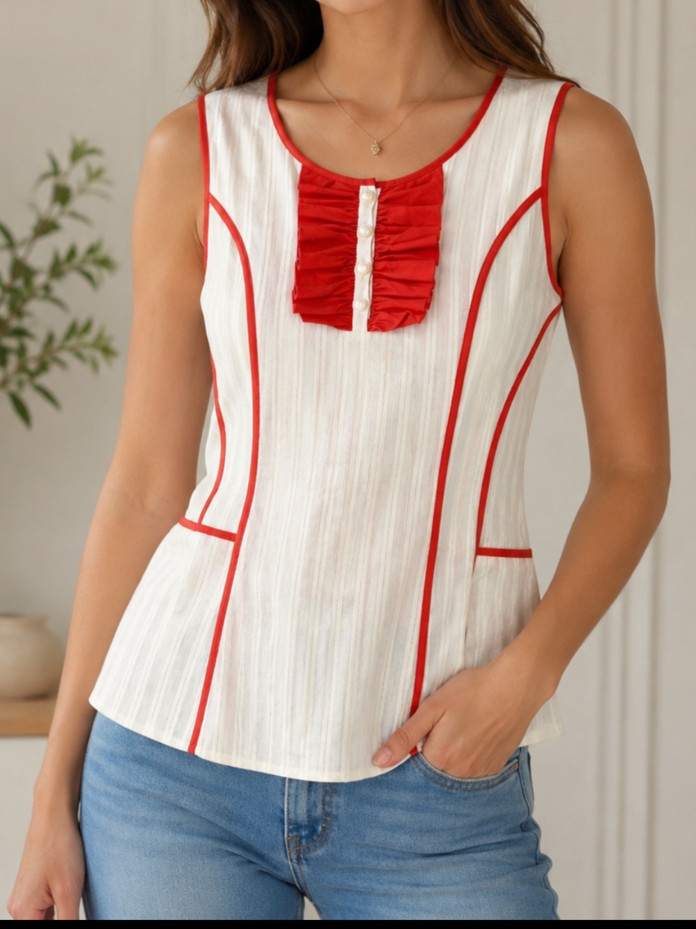 Richard Chai  whimsical White‎ Sleeveless Top with Orange Trim